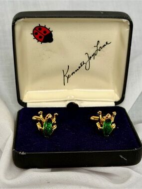 Kenneth Jay Lane Gold-Tone Cufflinks with Green Enamel Frog Motif